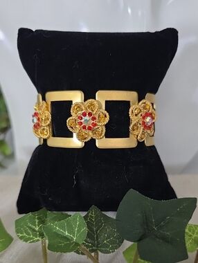 Vintage Gold Filigree Flower Cuff Bracelet | Red AB Rhinestone Geometric Bangle
